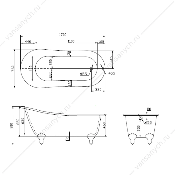 Ванна 155х76 акриловая отдельностоящая BELBAGNO BB06-155