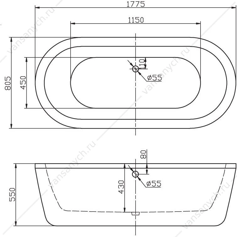 Ванна 177х80 акриловая отдельностоящая BELBAGNO BB12 1775