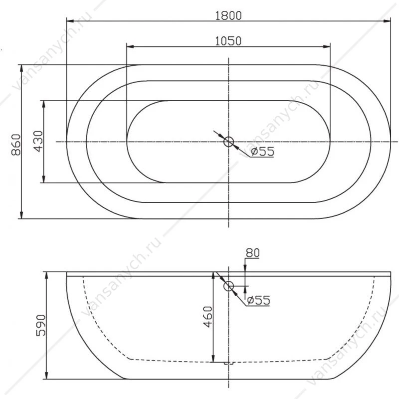 Ванна 170х80 акриловая отдельностоящая BELBAGNO BB13 1800