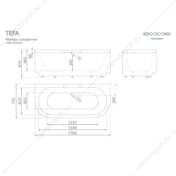 Ванна 170х76 из лит. мрамора ESSE TEFA
