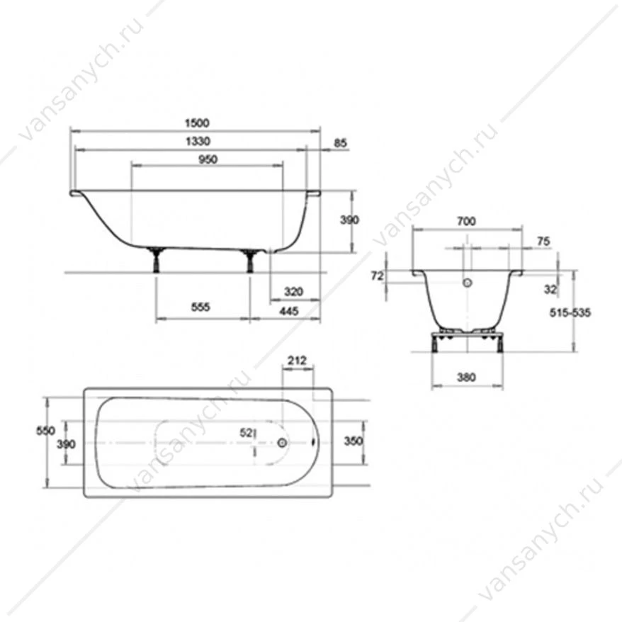 Ванна 150х70 Kaldewei Saniform Plus 361-1 белый