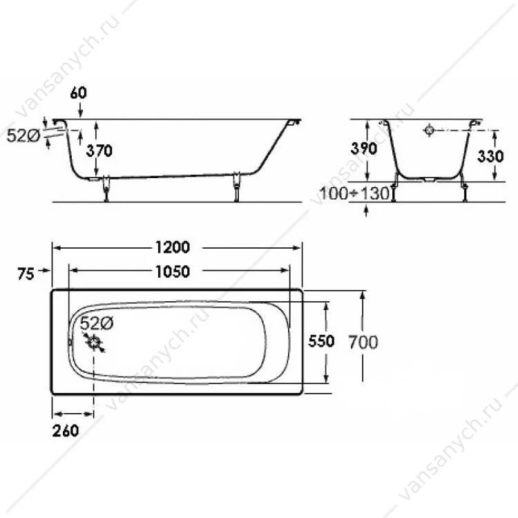 Ванна 120х70 чугунная CONTINENTAL, 211506001