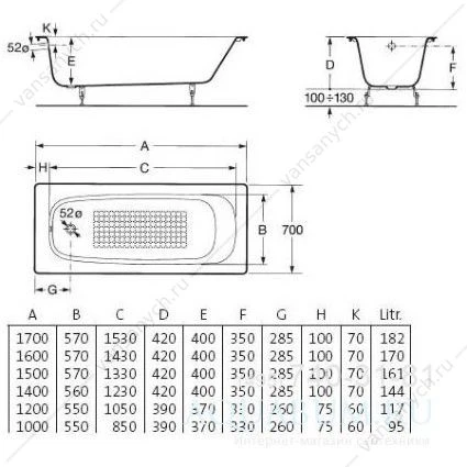 Ванна 100х70 чугунная CONTINENTAL, 211507001