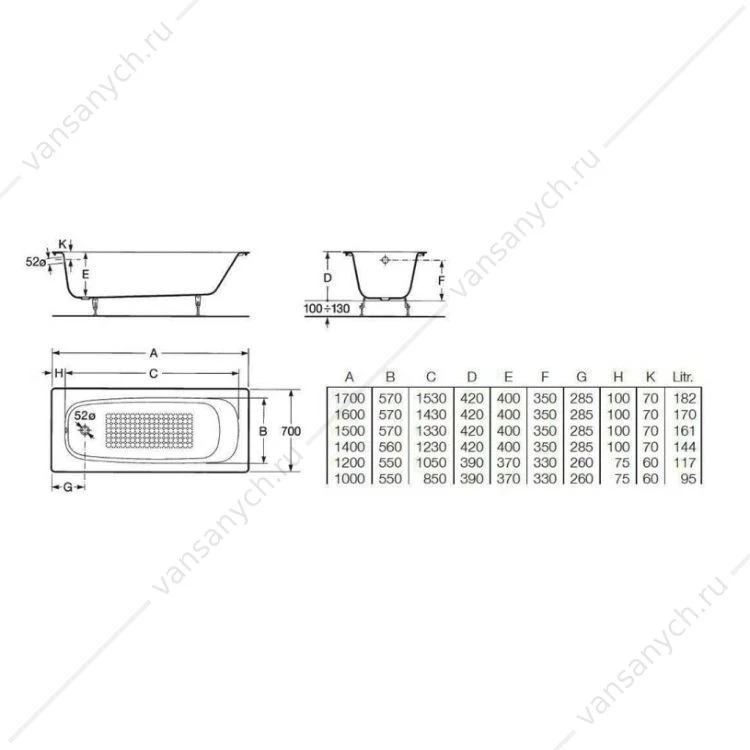 Ванна 170х70 чугунная CONTINENTAL, 21291100R