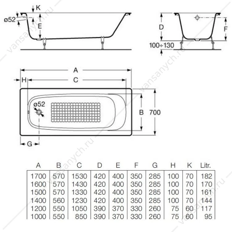 Ванна 160х70 чугунная CONTINENTAL, 21291200R