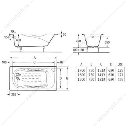 Ванна 160х75 чугунная MALIBU с отверстиями для ручек, 2310G000R