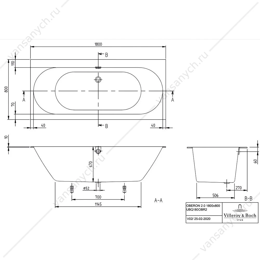 Ванна 180x80 Villeroy & Boch OBERON 2.0, материал кварил Quaryl®, слив/перелив + ножки UBQ180OBR2DV-01