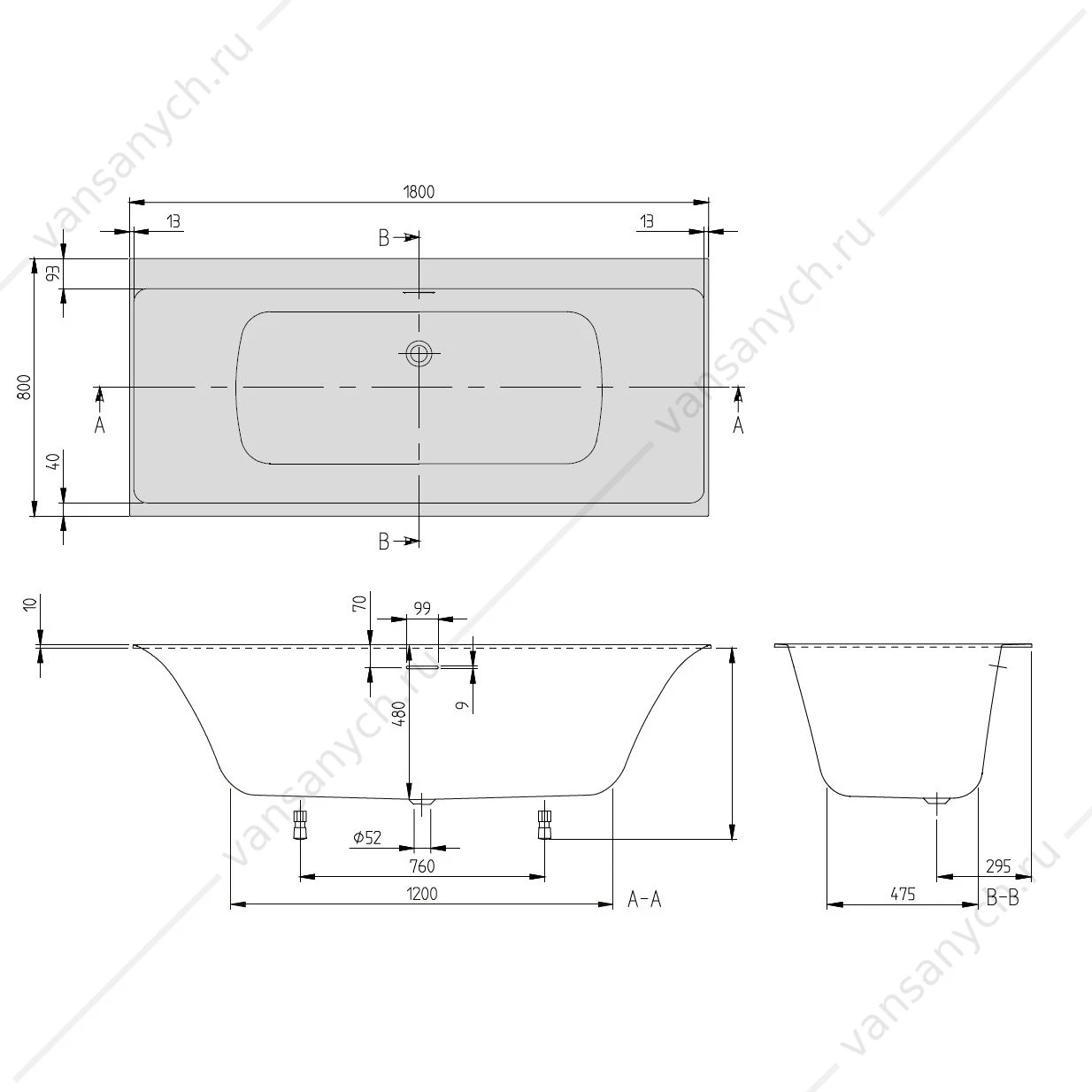 Ванна 180х80 Villeroy & Boch SUBWAY 3.0, материал кварил Quaryl®, слив/перелив + ножки UBQ180SBW2DV-01