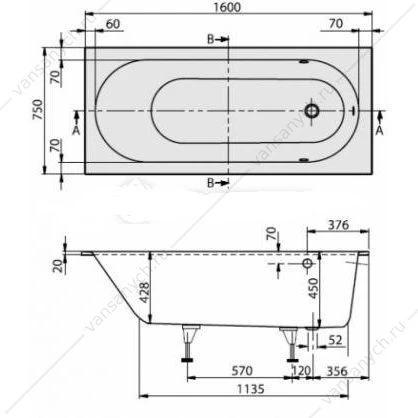 Ванна 160x75 Villeroy & Boch OBERON Solo с ножками, материал кварил Quaryl®, сверло для перелива UBQ160OBE 2V-01