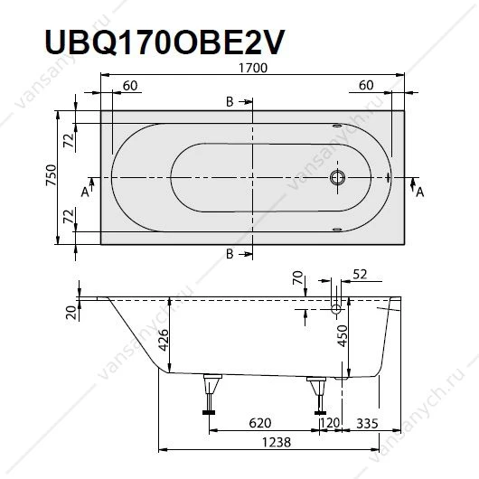 Ванна 170х75 Villeroy & Boch Oberon, с ножками, материал кварил Quaryl® UBQ170OBE2V-01