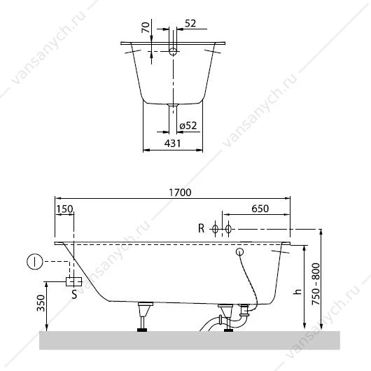 Ванна 170х75 Villeroy & Boch Oberon, с ножками, материал кварил Quaryl® UBQ170OBE2V-01