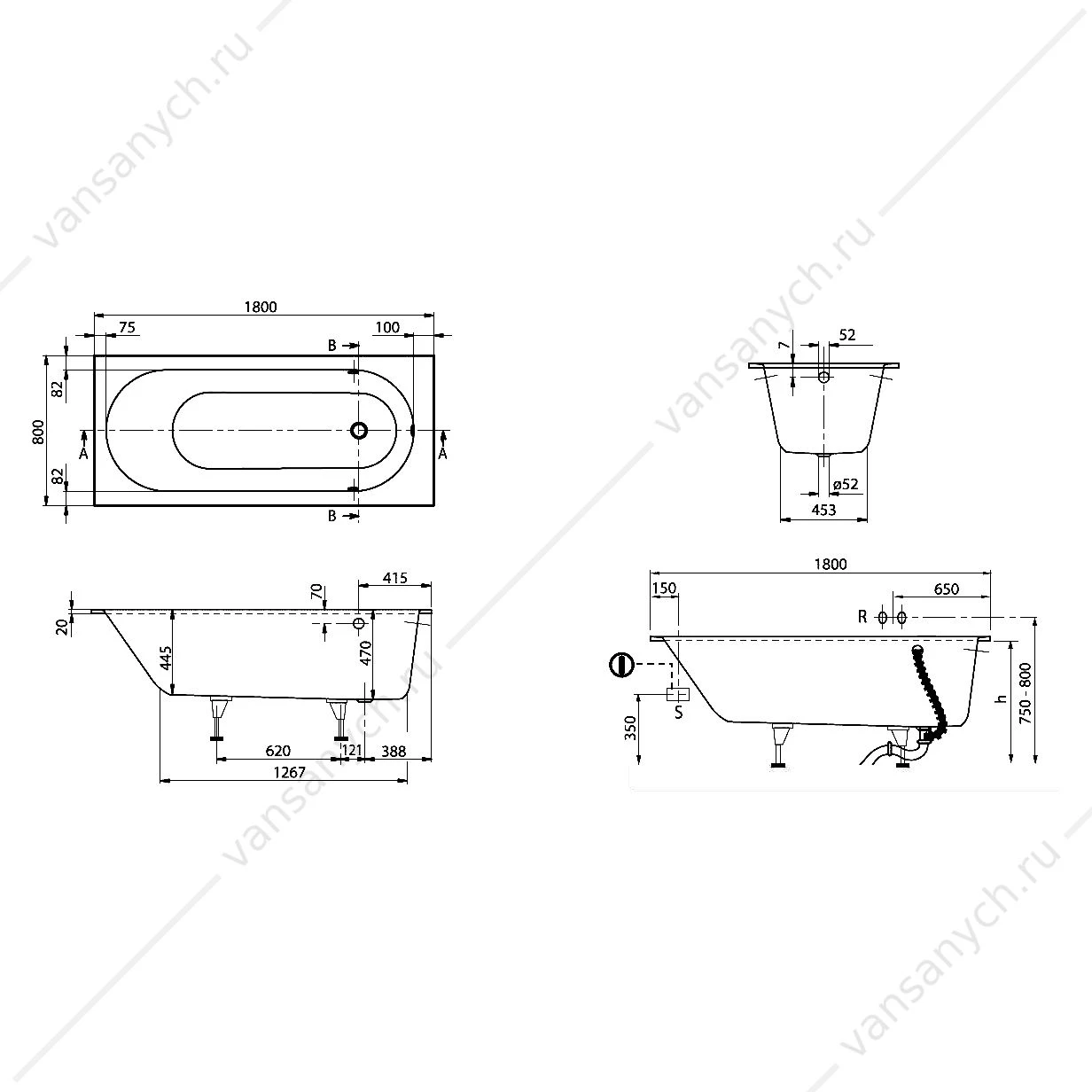 Ванна 180х80 Villeroy & Boch Oberon, с ножками, материал кварил Quaryl® UBQ180OBE2V-01