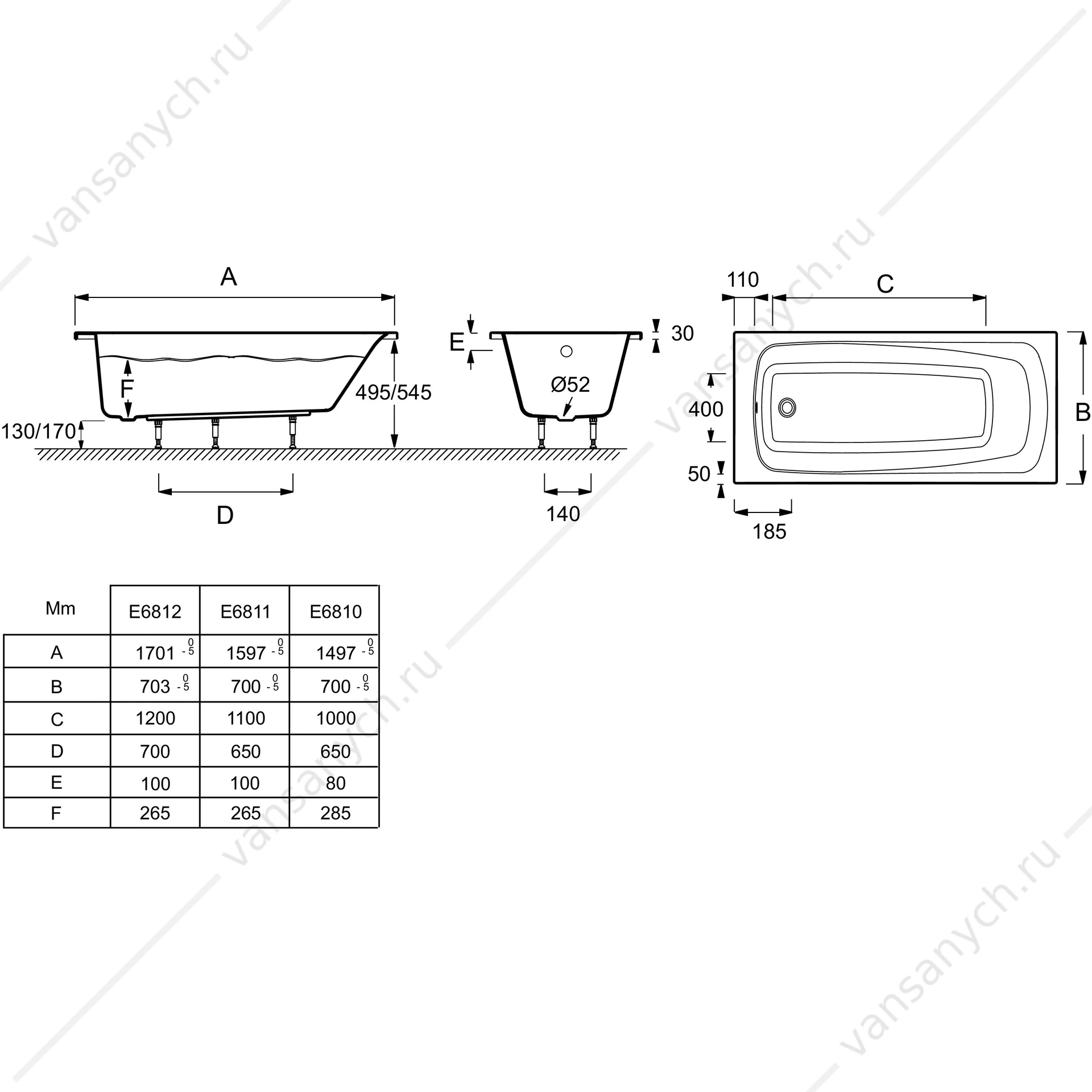 Ванна 150х70 акриловая Jacob Delafon Patio E6810RU-01