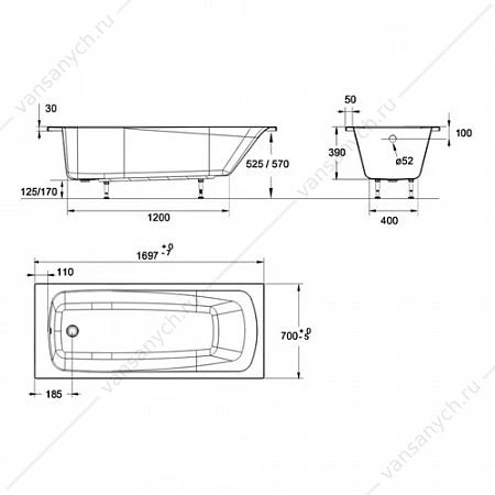 Ванна 170х70 акриловая Jacob Delafon Patio E6812RU-01