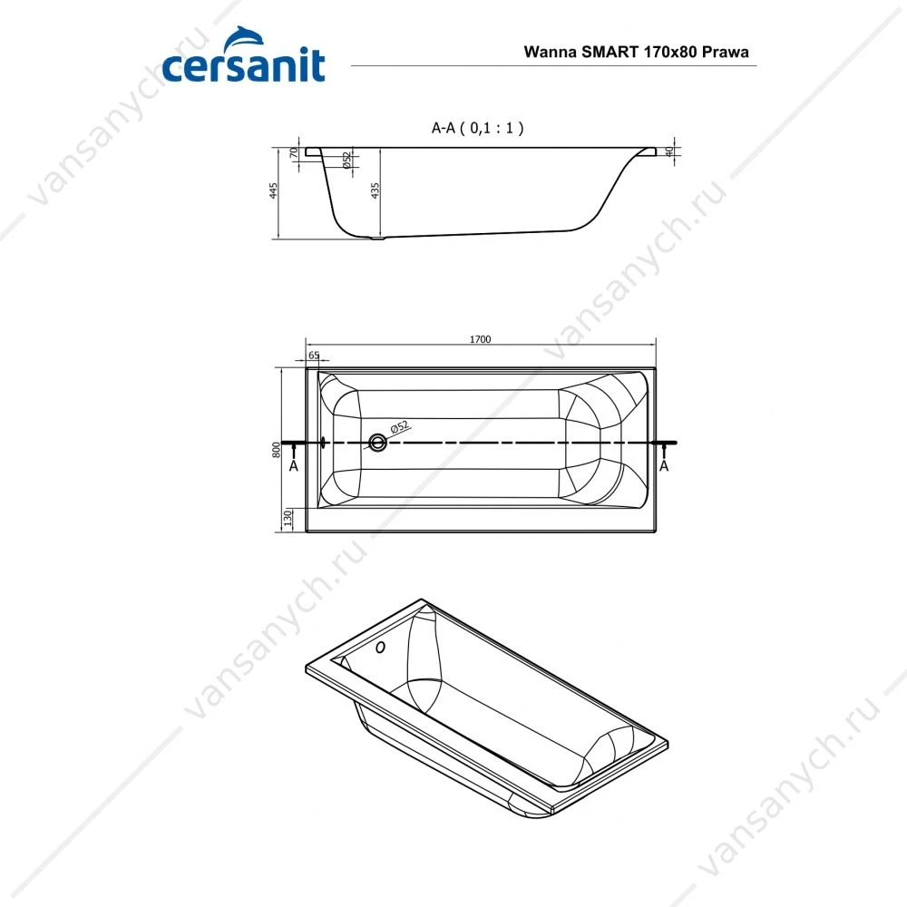 Ванна 170x80 акриловая CERSANIT SMART правая 63351
