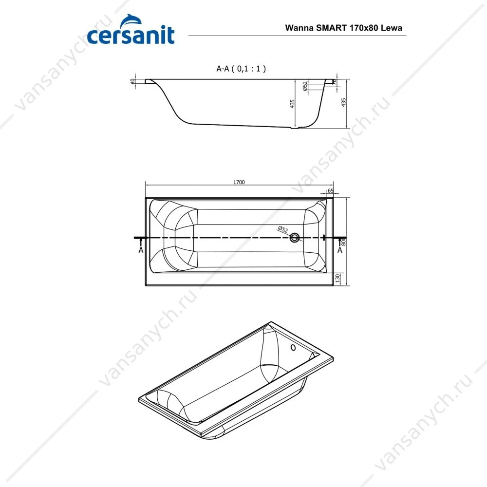 Ванна 170x80 акриловая CERSANIT SMART левая 63350
