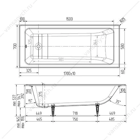 Ванна 170х70 чугунная Wotte Line (БП-э00д1467)