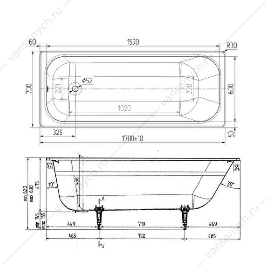 Ванна 170х70 чугунная Wotte Start (БП-э00д1139)
