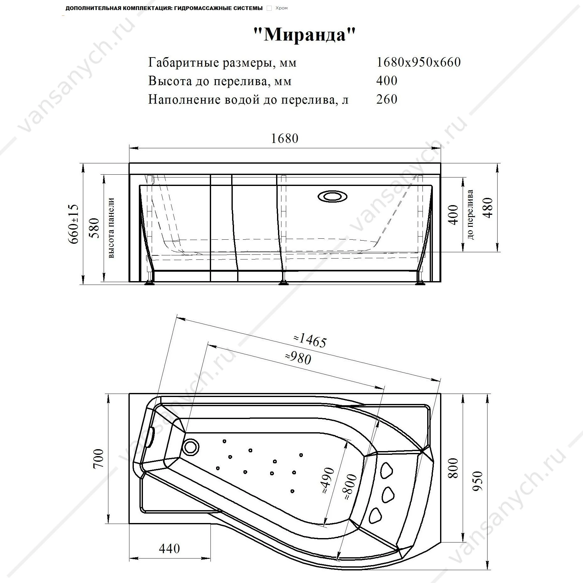 Ванна 168х95 с каркасом акриловая Миранда ЛЕВАЯ, 2-01-0-1-1-209
