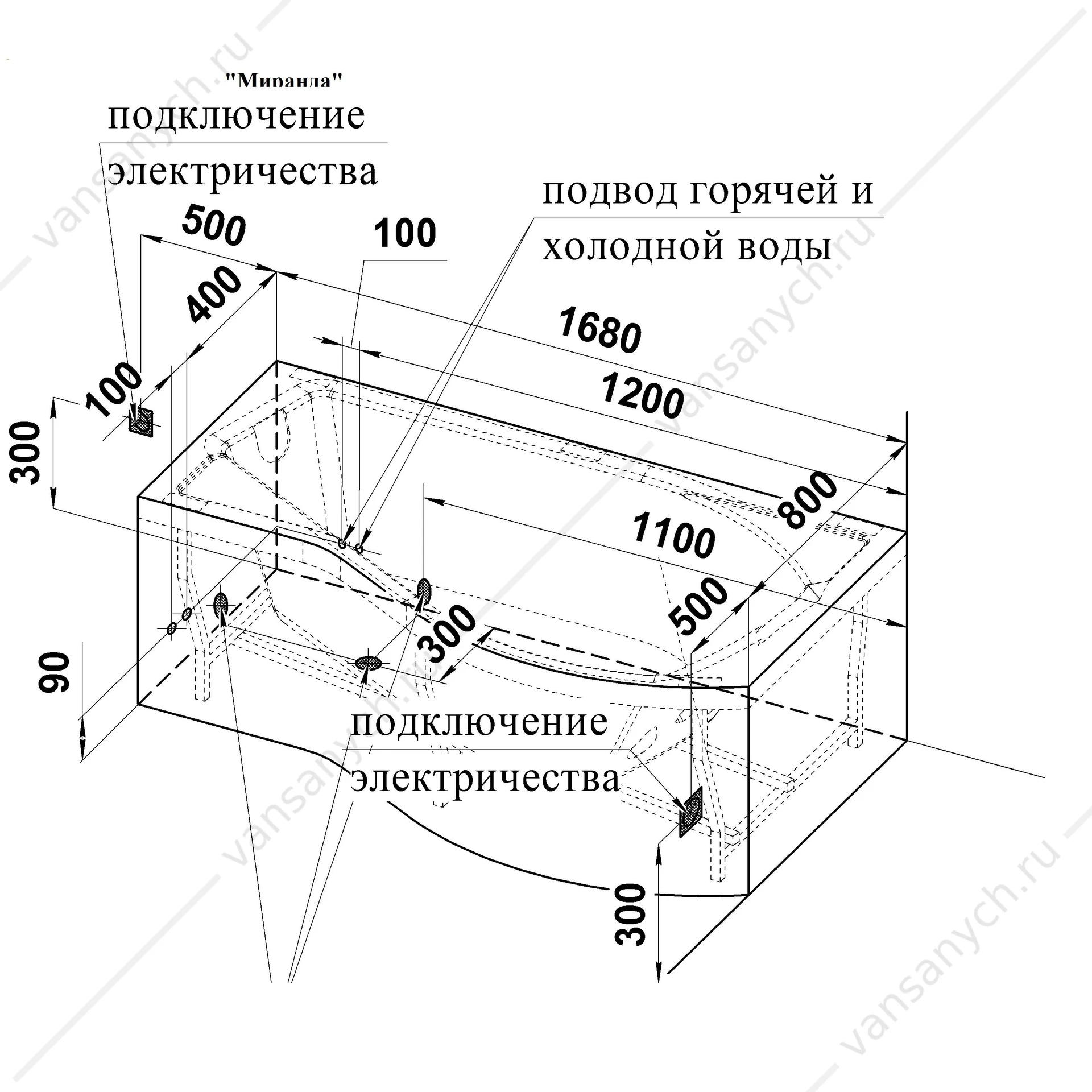 Ванна 168х95 с каркасом акриловая Миранда ЛЕВАЯ, 2-01-0-1-1-209