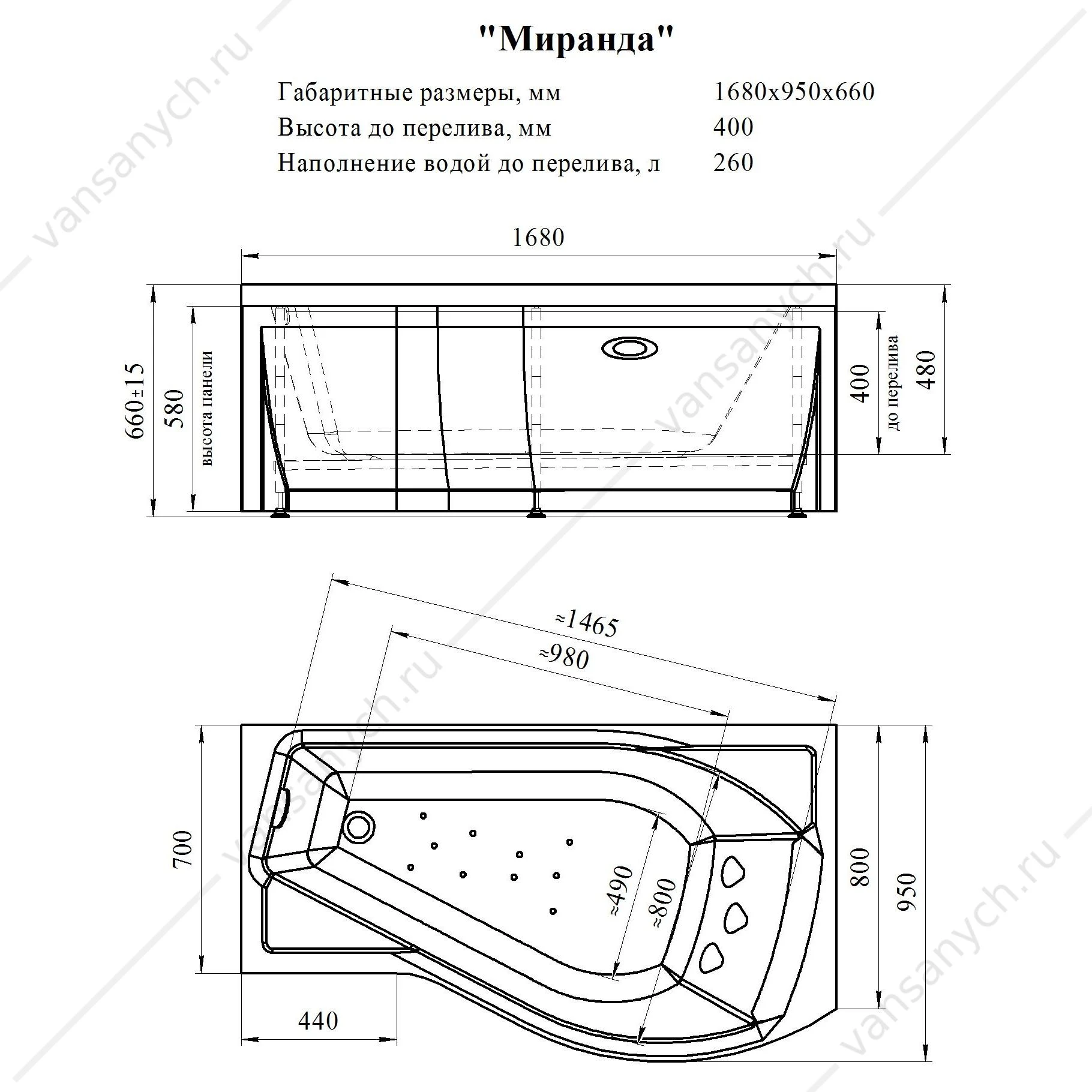 Ванна 168х96 с каркасом акриловая Миранда ПРАВАЯ, 2-01-0-2-1-209