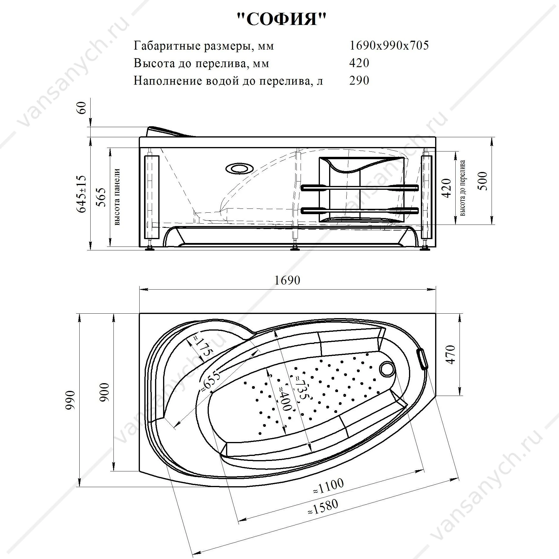 Ванна 169х100 с каркасом акриловая София ПРАВАЯ, 2-01-0-2-1-223