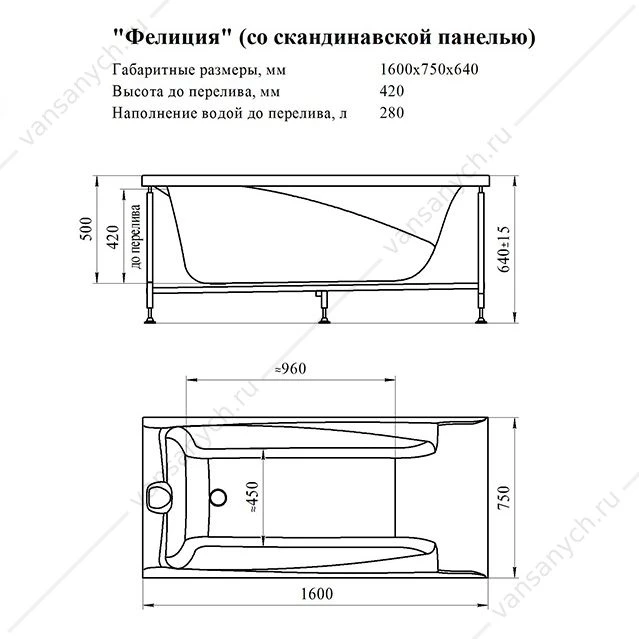 Ванна 160х75 с каркасом акриловая Фелиция, 2-01-0-0-1-204