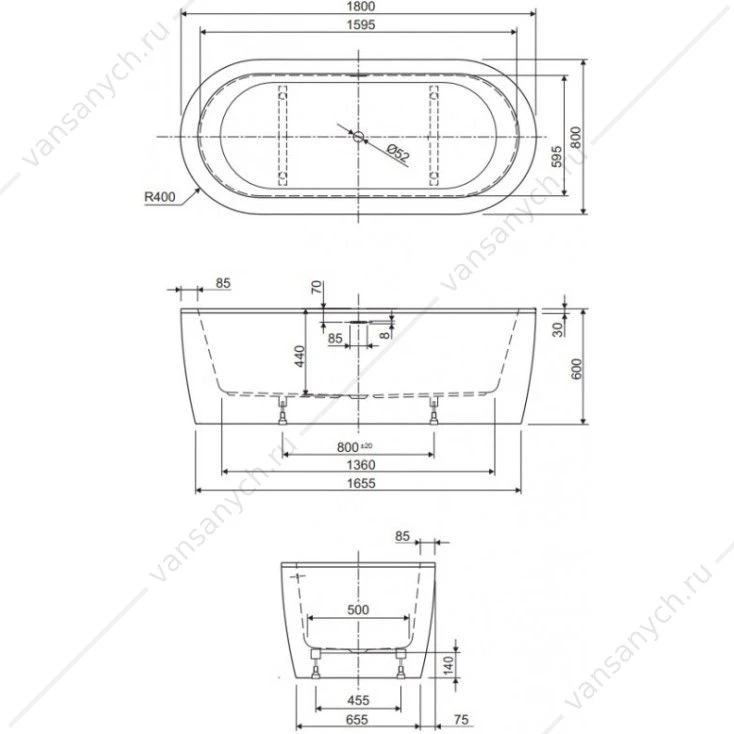 Ванна 180х80 CEZARES SLIM CENTRAL белая, SLIM CENTRAL-180-80-60-W37-SET