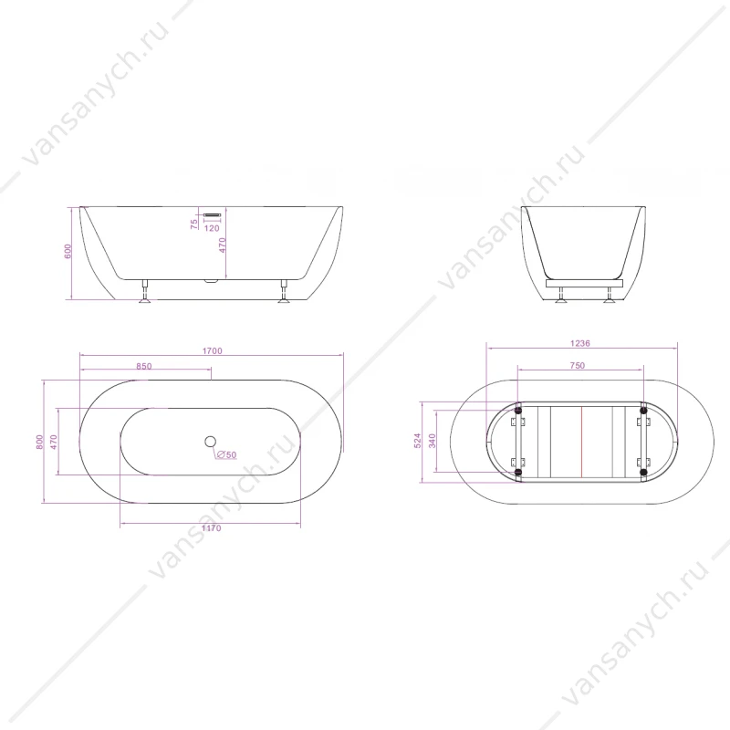 Ванна 170х80 акрил. BELBAGNO BB70 белая, BB70-1700-800