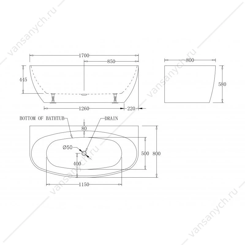 Ванна 170х80 акрил. BELBAGNO BB83 белая пристенная без перелива, BB83-1700-W0