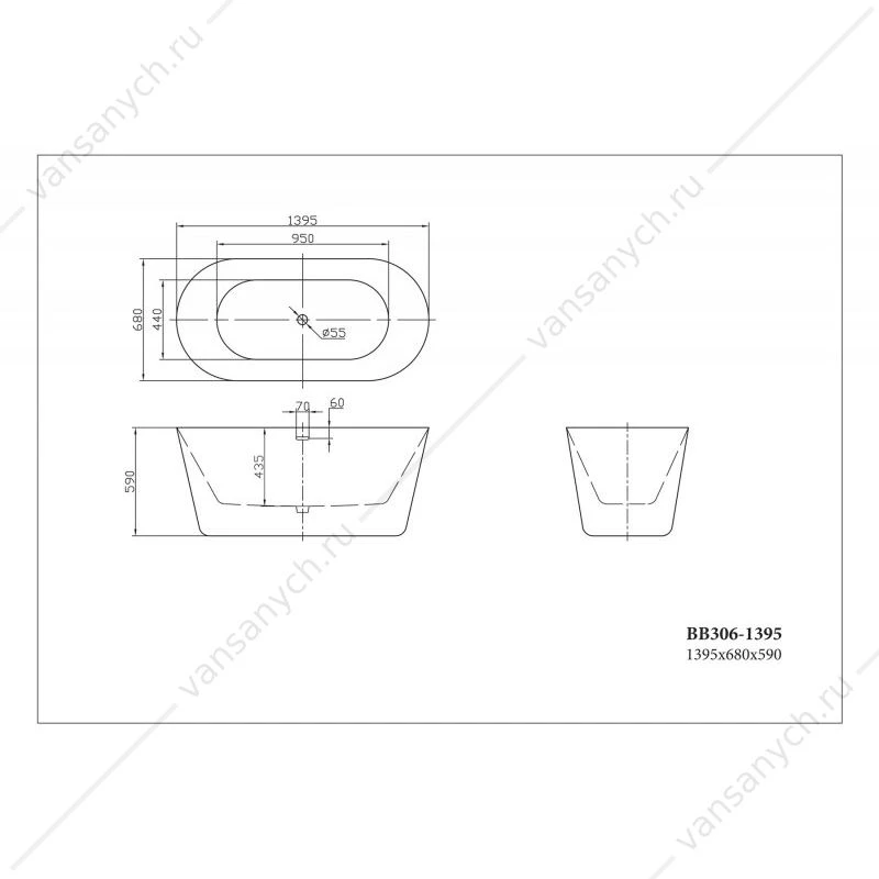 Ванна 140х68 акрил. BELBAGNO BB306 белая, BB306-1395