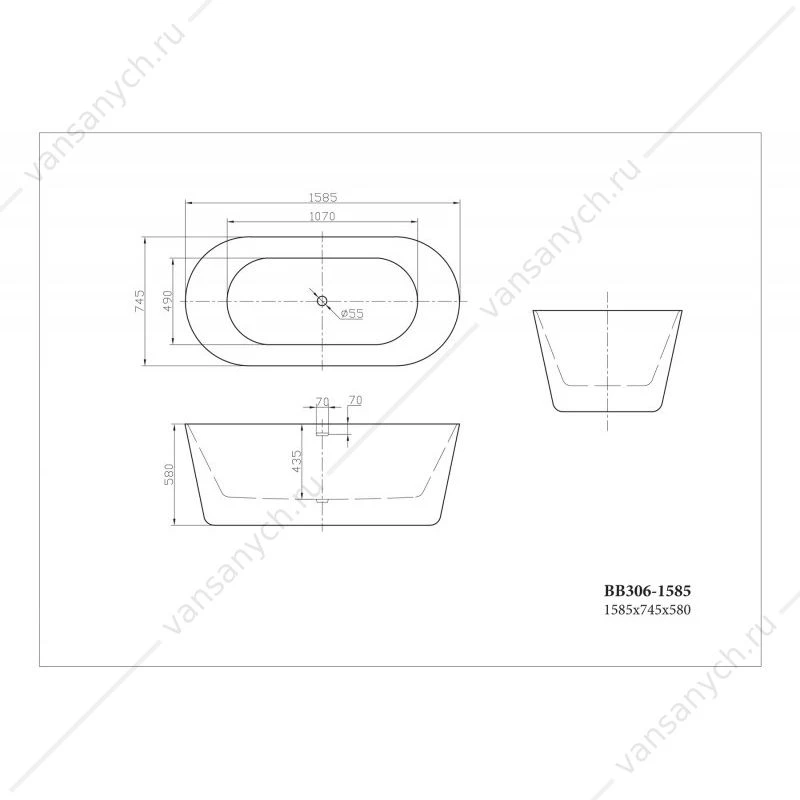 Ванна 158,5х74,5 акрил. BELBAGNO BB306 белая, BB306-1585