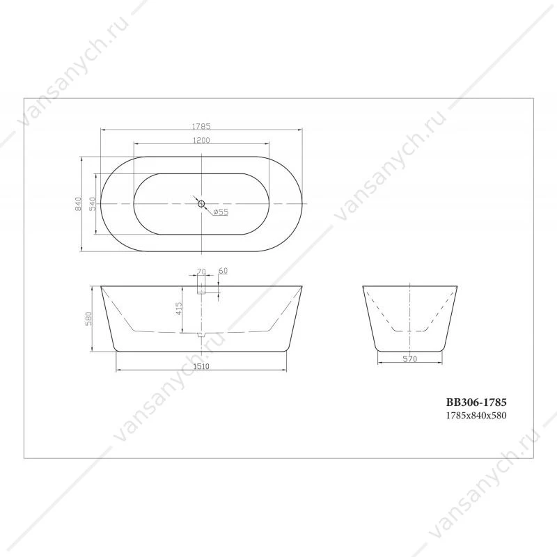 Ванна 178,5х84 акрил. BELBAGNO BB306 белая, BB306-1785