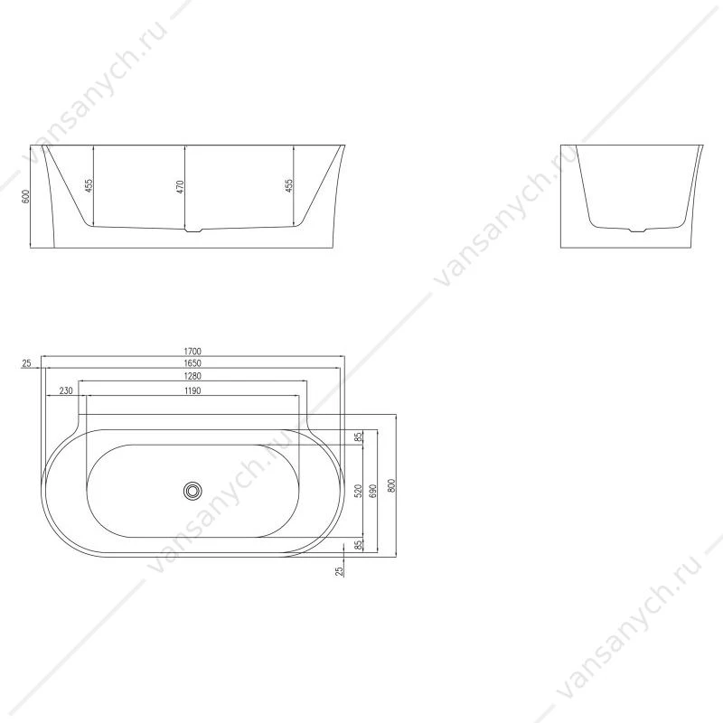 Ванна 170х80 акрил. BELBAGNO BB409 белая пристен. слив-перелив. хром, BB409-1700-800