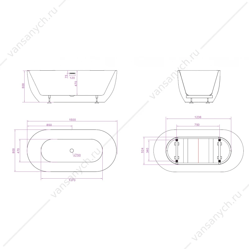 Ванна 150х80 акрил. BELBAGNO BB70 белая слив-перелив. хром, BB70-1500-800