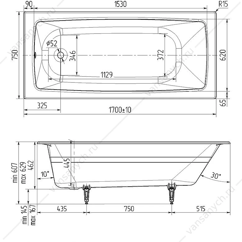 Ванна 170х75 чугунная Wotte Vector (БП-э00д1472)
