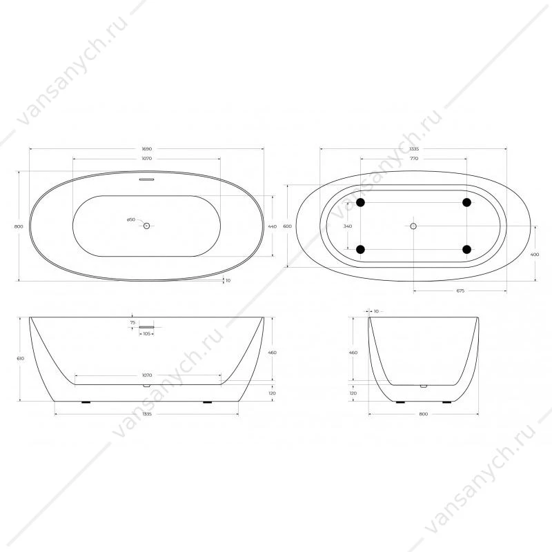 Ванна 170х80 акриловая BELBAGNO ВВ414 белая, BB414-1700-800
