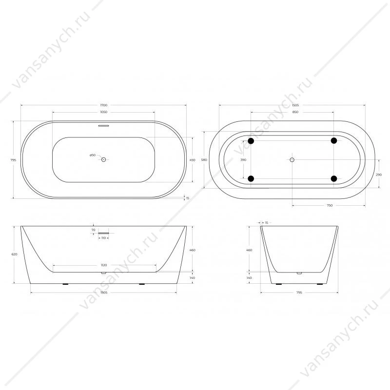 Ванна 170х80 акриловая BELBAGNO ВВ415 белая, BB415-1700-800