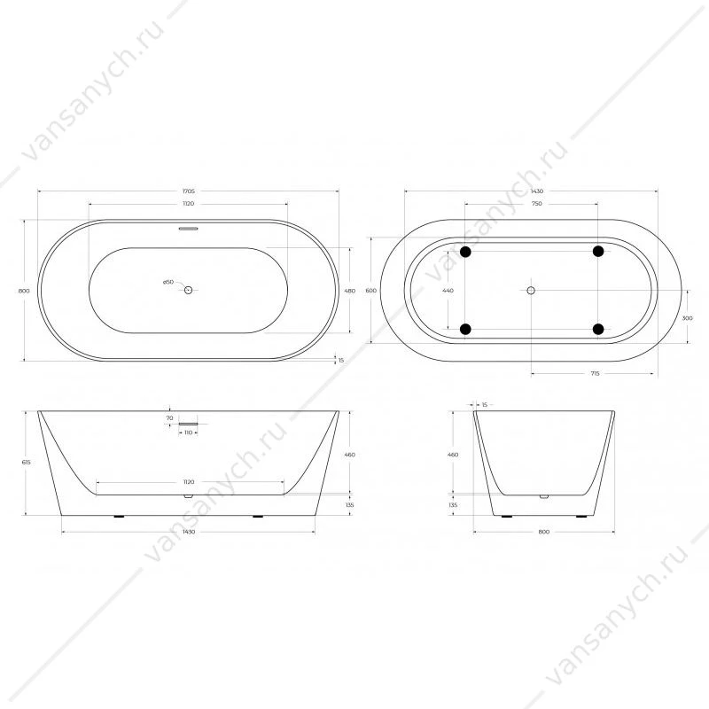 Ванна 170х80 акриловая BELBAGNO ВВ416 белая, BB416-1700-800