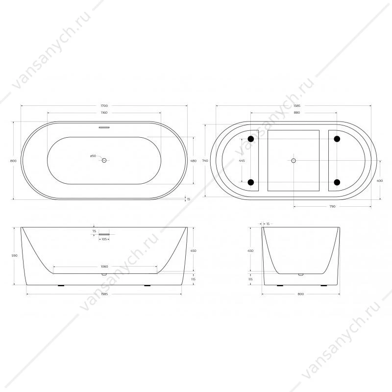 Ванна 170х80 акриловая BELBAGNO ВВ411 белая, BB411-1700-800