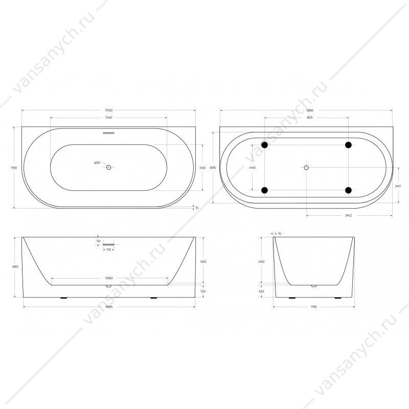 Ванна 170х80 акриловая BELBAGNO ВВ412 белая, BB412-1700-800