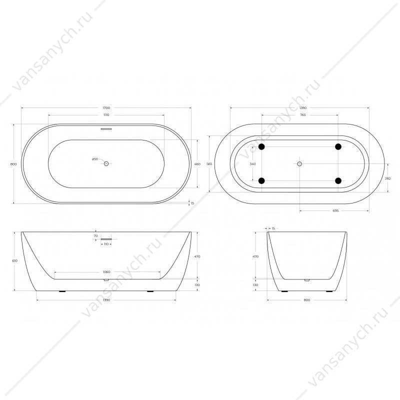 Ванна 170х80 акриловая BELBAGNO ВВ413-MATT белая матовая, BB413-1700-800-MATT