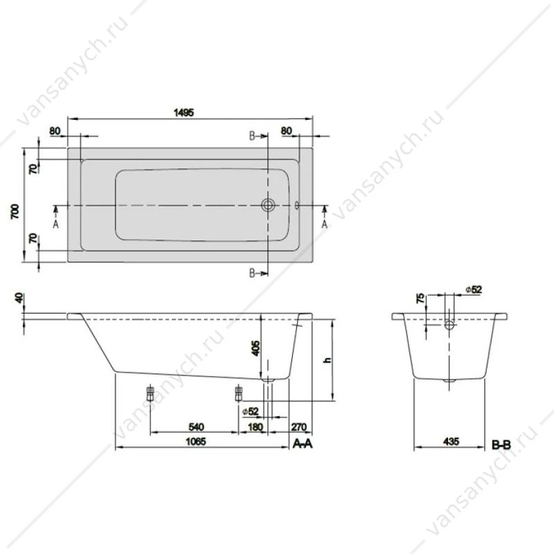 Ванна 150x70 акриловая Villeroy & Boch Targa Plus Mono UBA150NES2V01+U99740000 ножки в комплекте