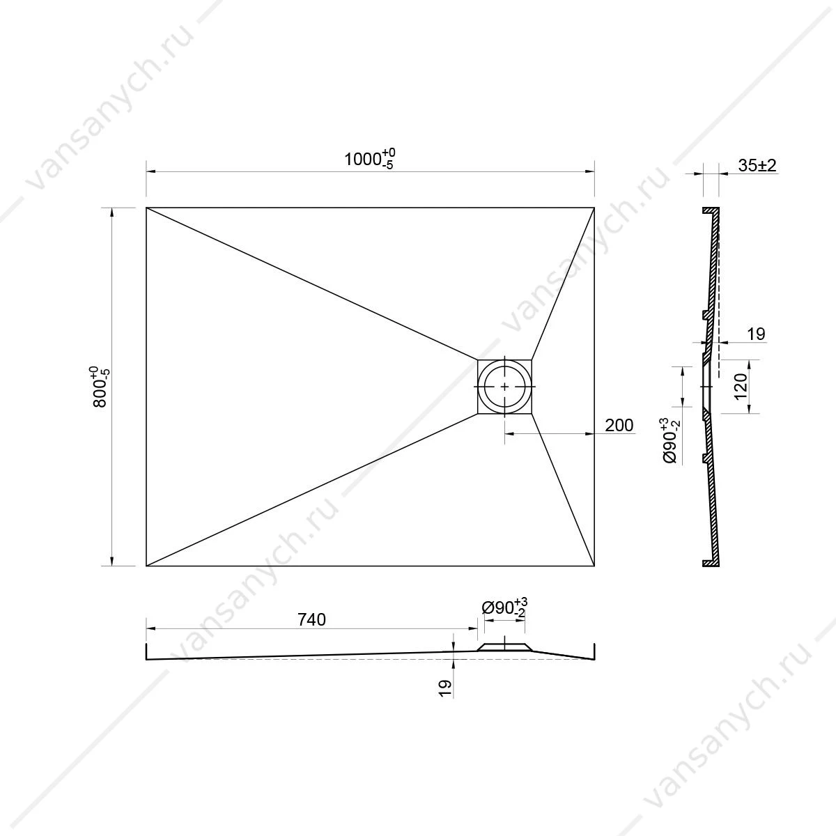 Поддон из камня Vincea VST-2SR28010B, 1000*800*35, черный, сифон