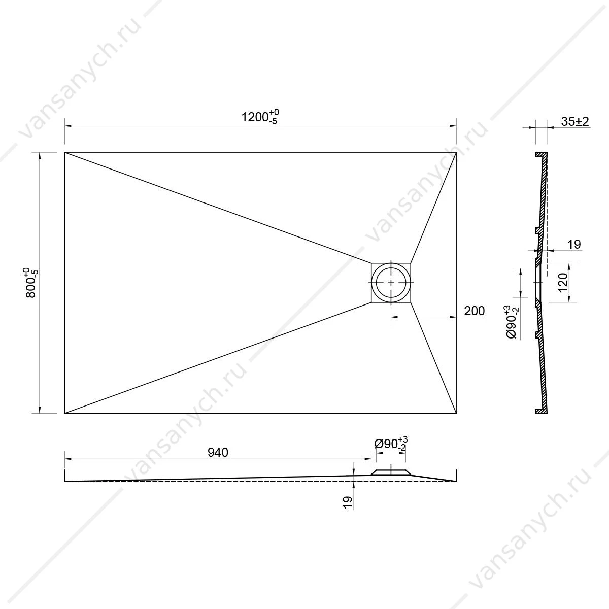 Поддон из камня Vincea VST-2SR28012B, 1200*800*35, черный, сифон