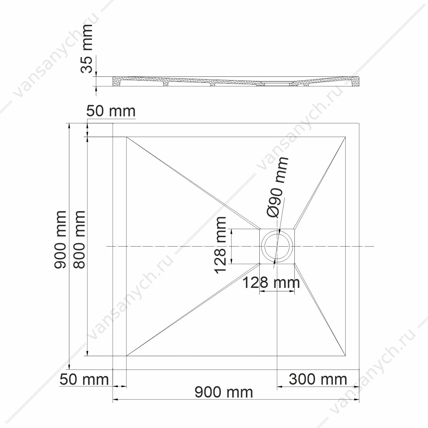 Душевые поддоны 90х90х3,5 61T03, черный