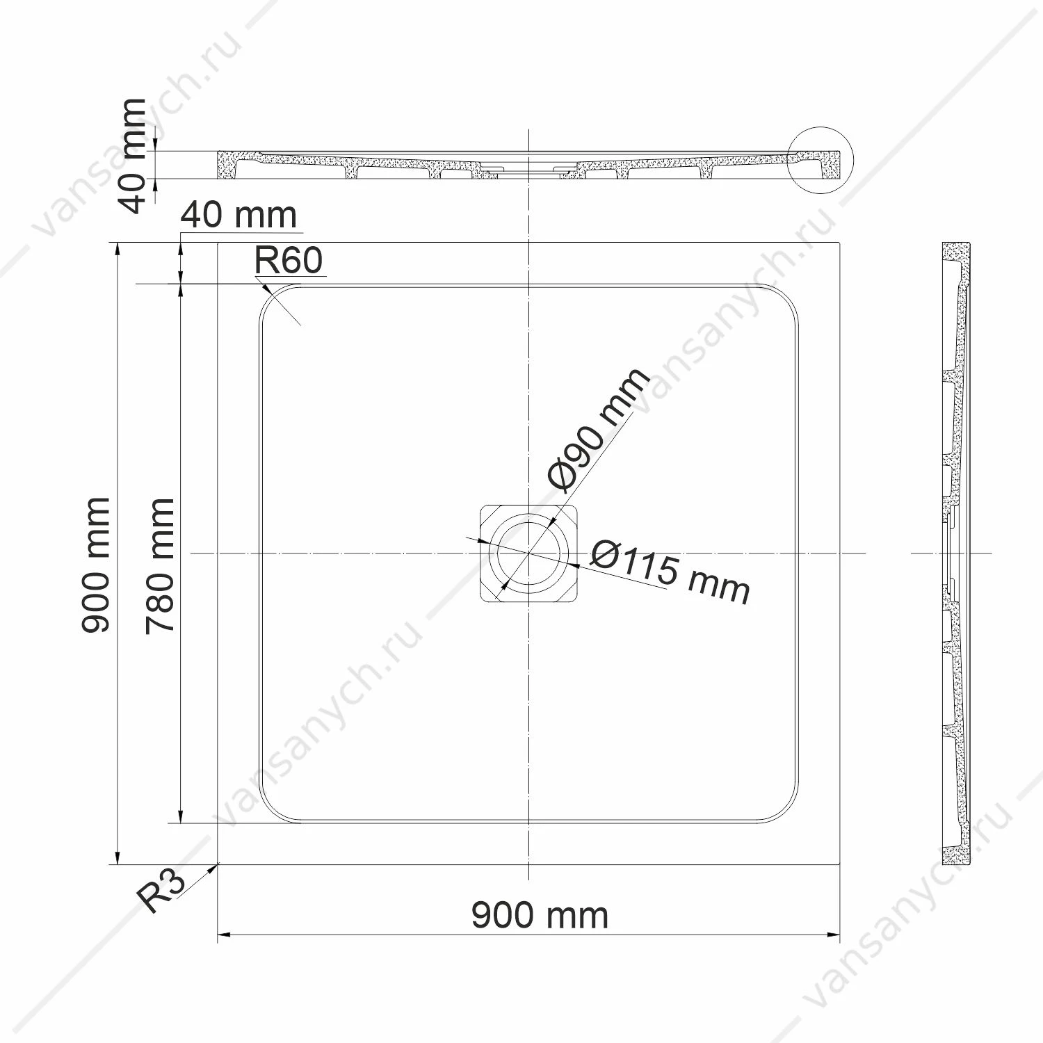 Душевые поддоны 90х90х4 58T03, белый