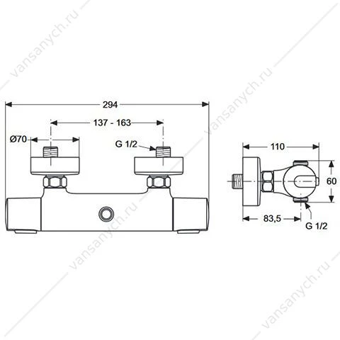 Смеситель термостатический настенный для душа с двумя выходами Ideal Standard CERATHERM 100 A4639AA