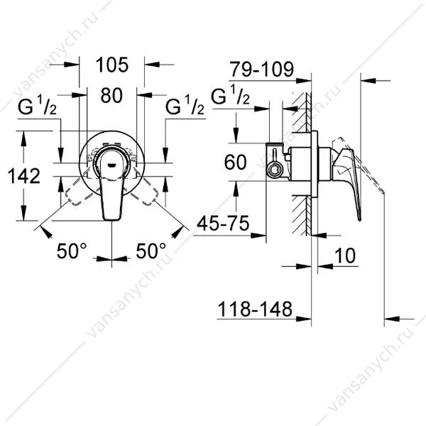 Смеситель для душа GROHE BauFlow, встраиваемый, со встроенным механизмом, 29046000
