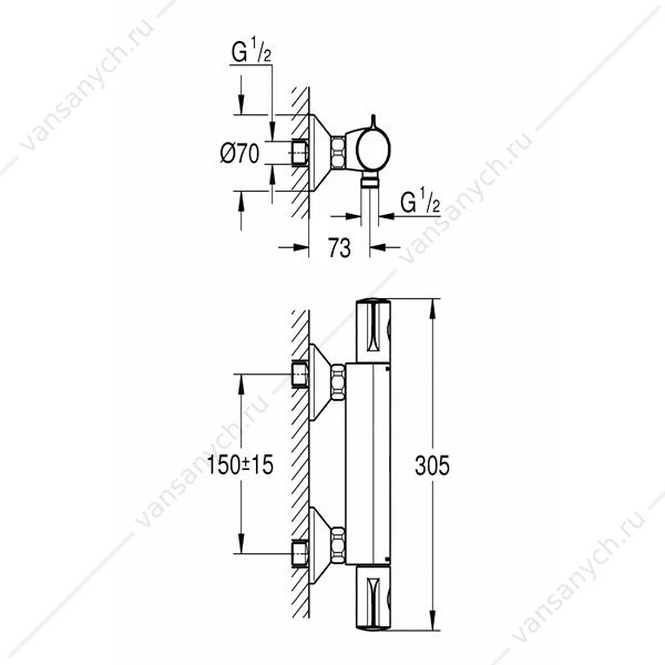 Термостат для душа GROHE Grohtherm 800 1/2, настенный монтаж, 34558000